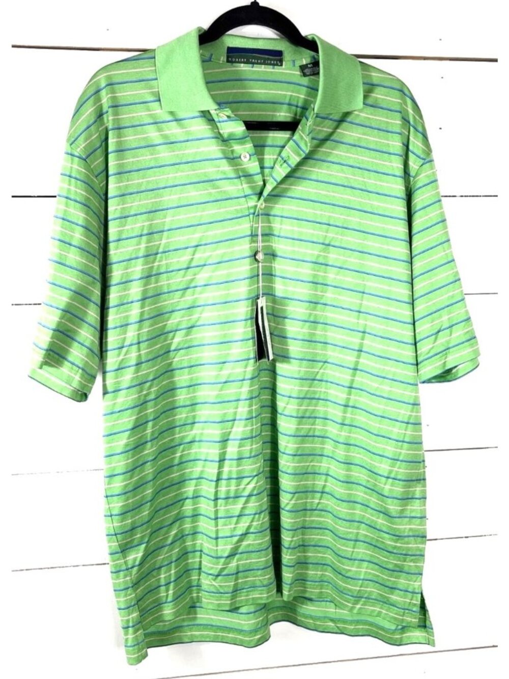Robert Trent Jones Mens Green Striped Polo Shirt Medium 100% Mercerized Cotton